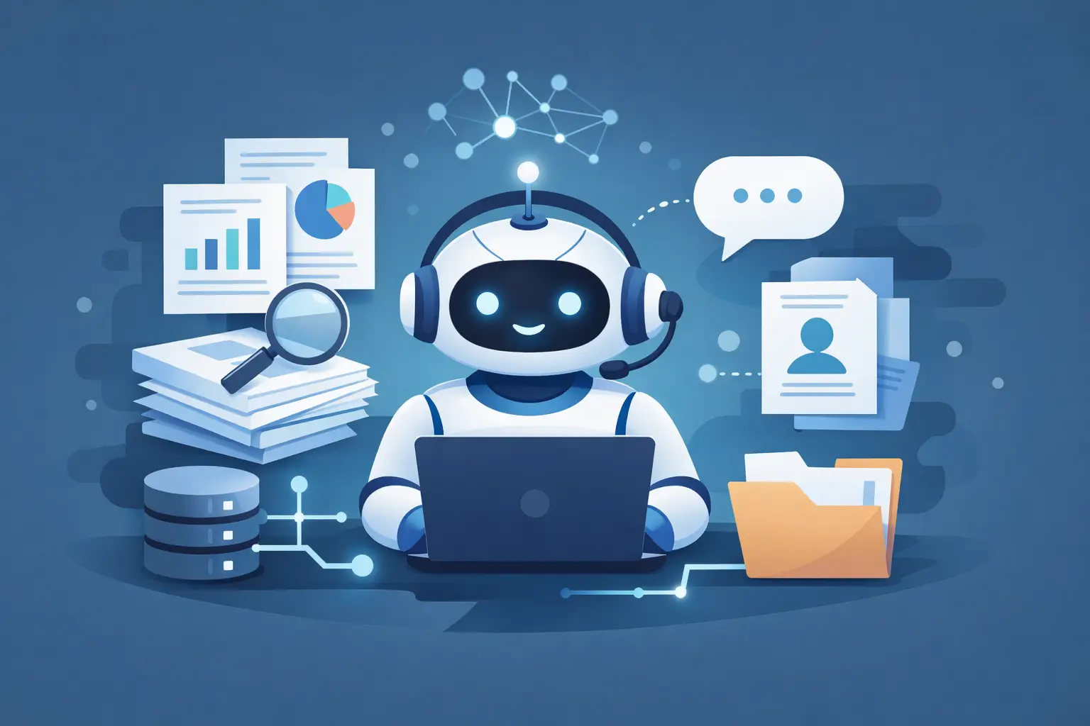 Customer support agent reviewing AI-generated responses based on company documents, with policy files, chat conversations, and knowledge base content displayed on a computer screen.