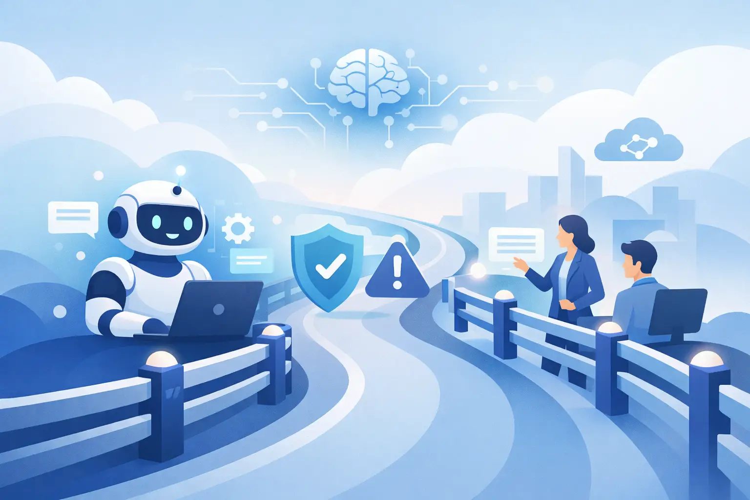 AI support with guardrails showing automated customer service workflows, approval controls, escalation rules, and source-backed responses for accurate business communication