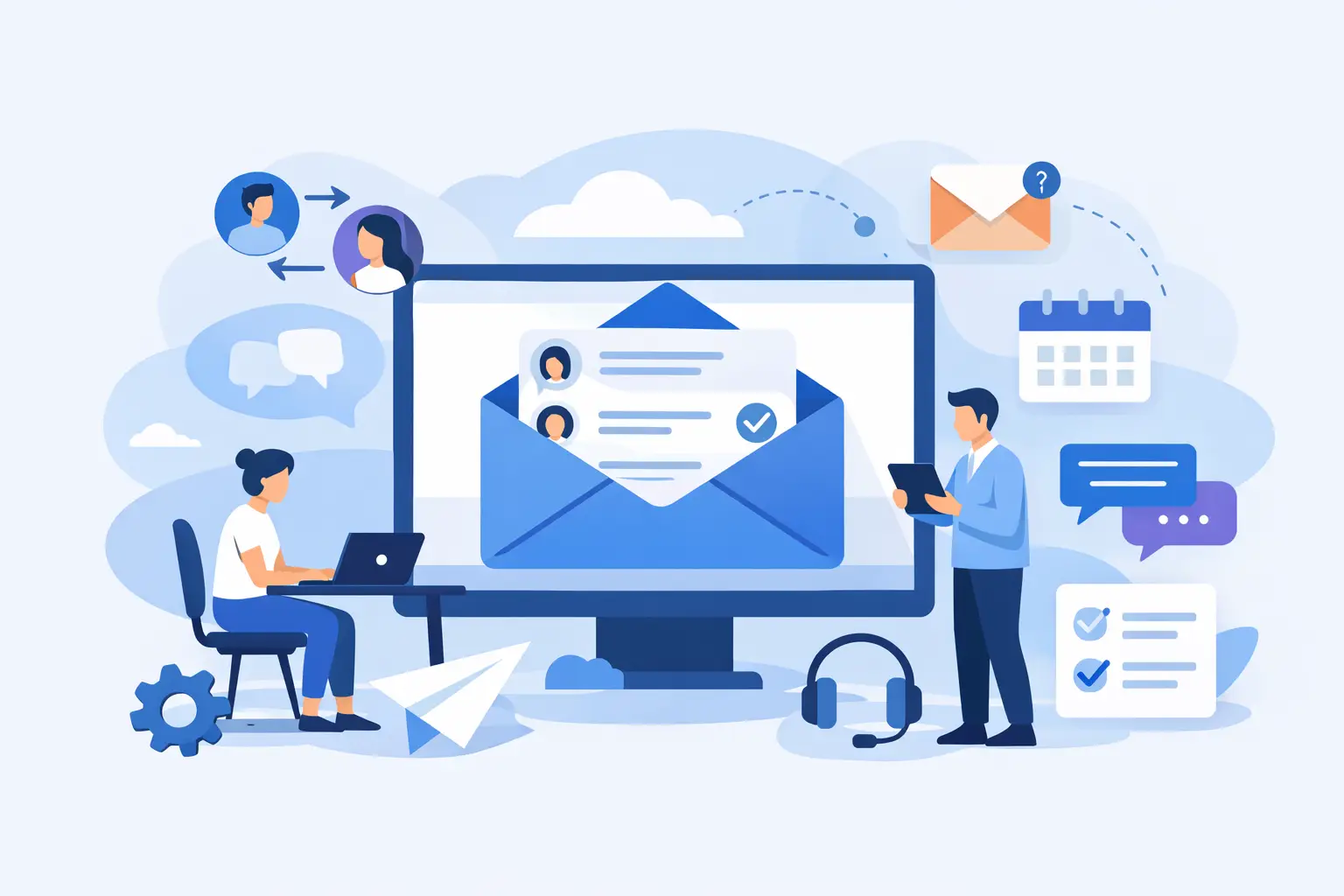 A shared inbox dashboard showing customer emails, website chat, team notes, and AI-assisted replies in one workspace.