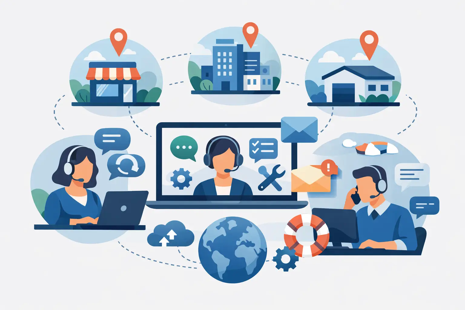 Multi-location business support dashboard showing customer conversations, location filters, shared knowledge, and AI-assisted replies in one workspace.