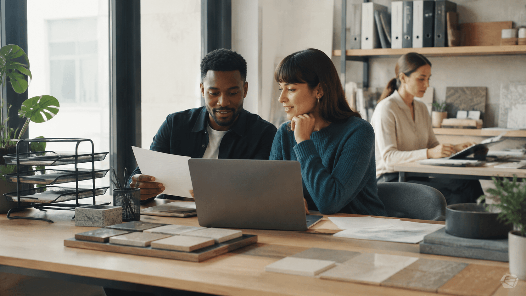 Small business coworkers reviewing a shared document together in an organized office.