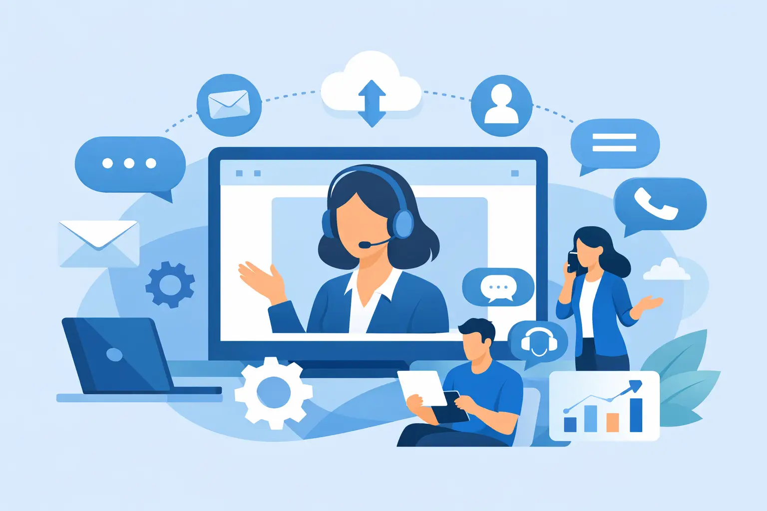 Team managing customer emails, website chats, AI-assisted replies, shared knowledge, and escalations in one organized customer communication platform.