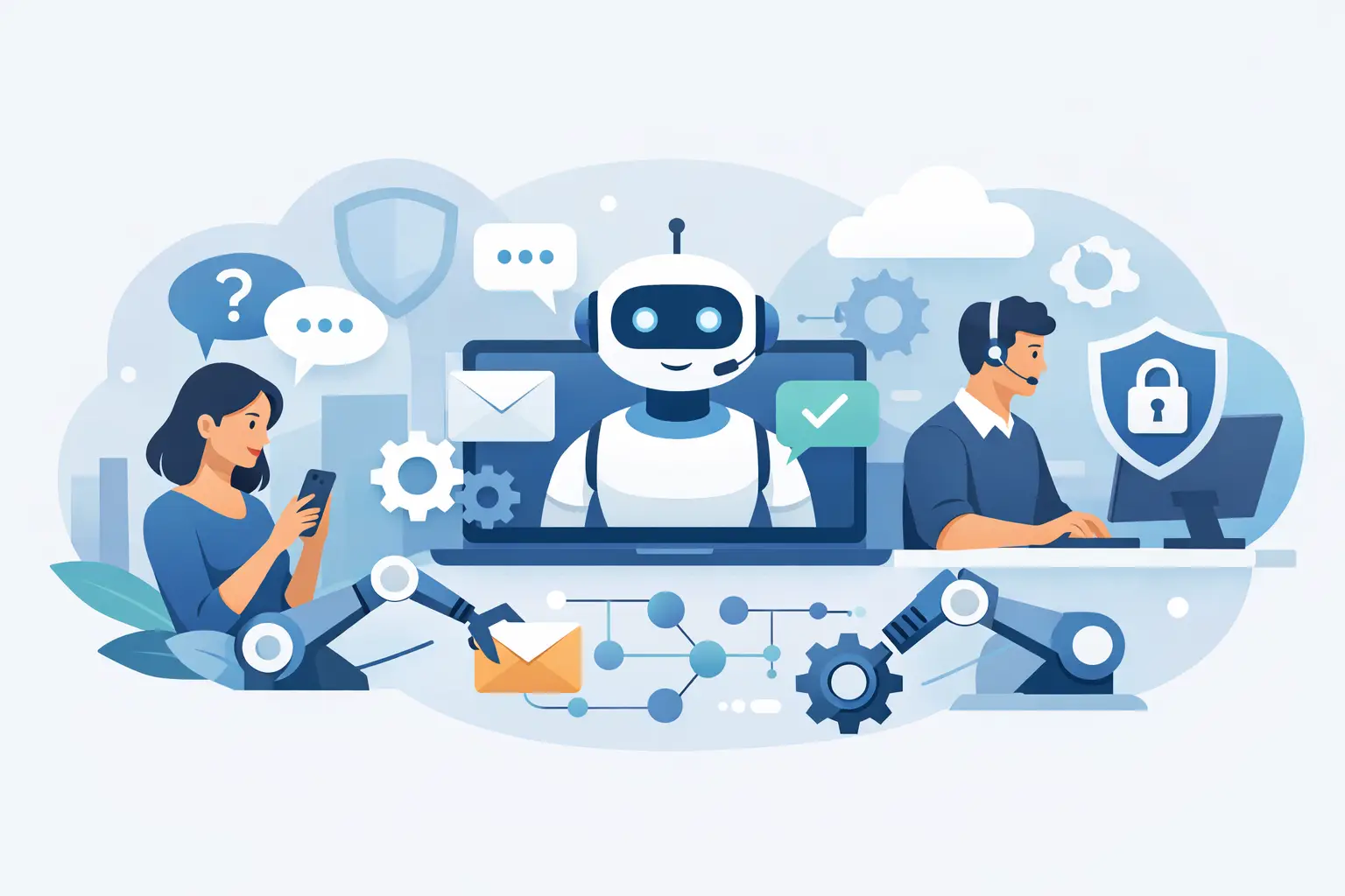 Customer support team using AI automation tools to manage email and website chat inquiries safely with human review and approved business knowledge.