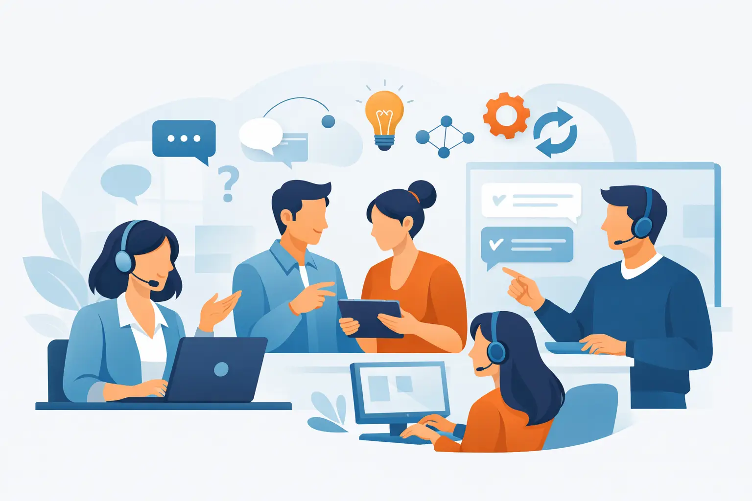 Customer support team collaborating in a shared workspace with email, chat, internal notes, and AI-assisted tools visible on screen, illustrating efficient internal collaboration for customer service.