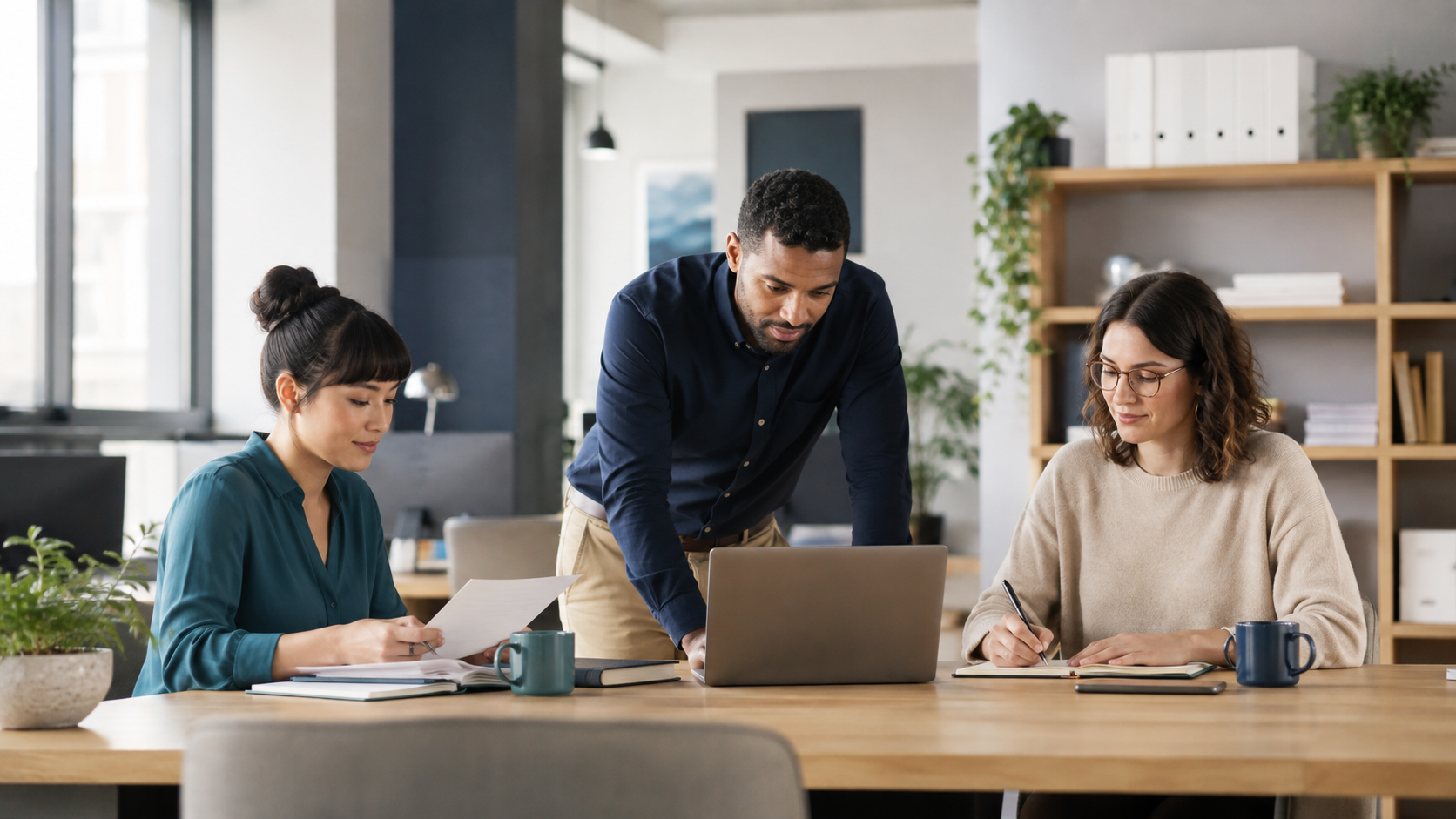 Three small-business team members using organized company knowledge to answer a workplace question.