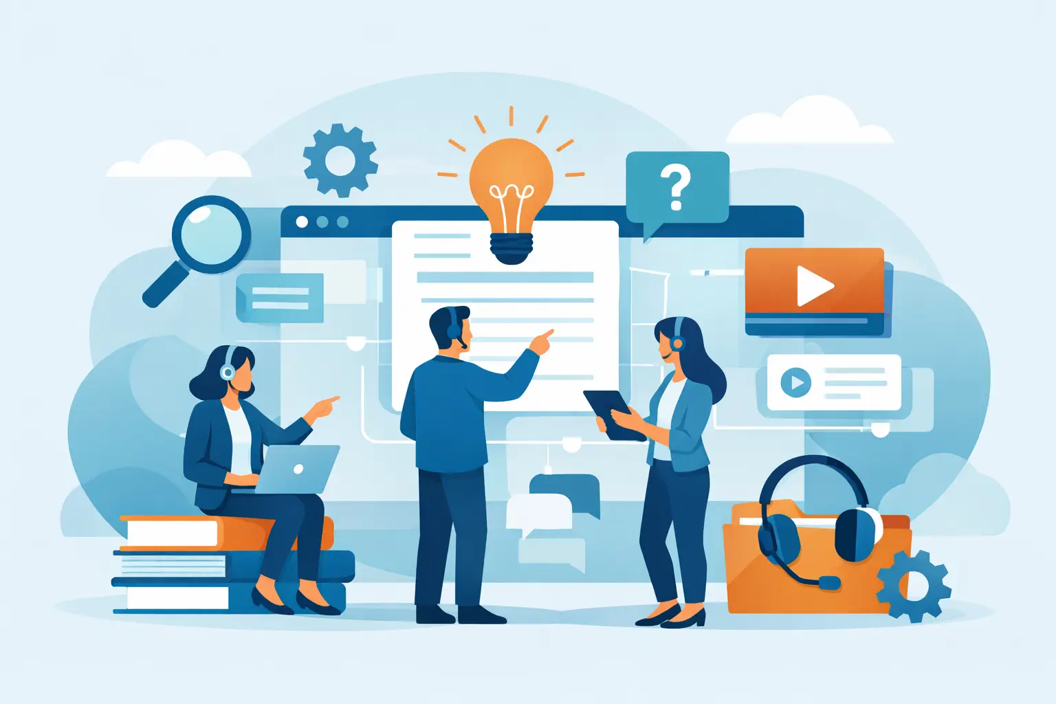 Support team using a shared knowledge base to find approved answers and respond to customer questions consistently.