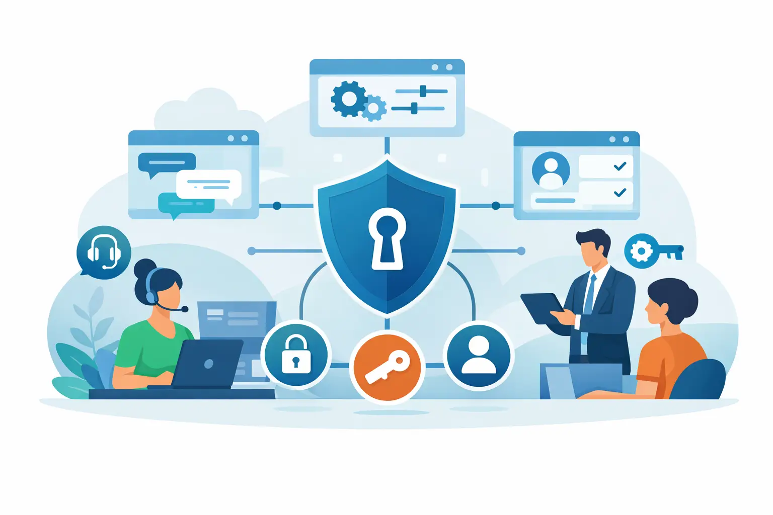 Support team members using a shared customer service platform with role-based permissions, showing controlled access to conversations, knowledge, AI settings, and team collaboration tools.