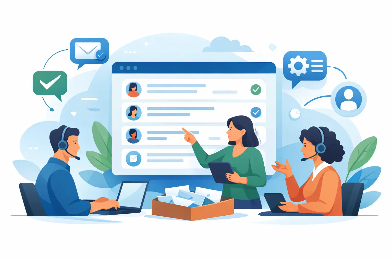 Customer service team collaborating in a shared inbox dashboard that combines email, website chat, assignments, private notes, and AI assisted replies to improve response consistency.