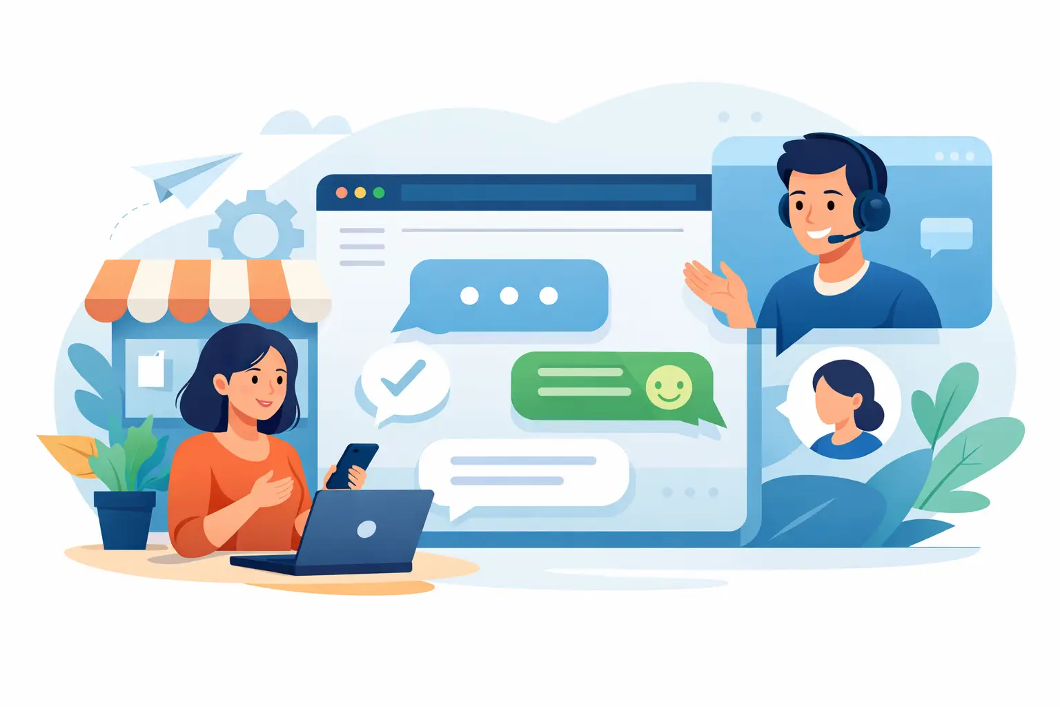Small business website chat interface showing a customer message and team response workflow